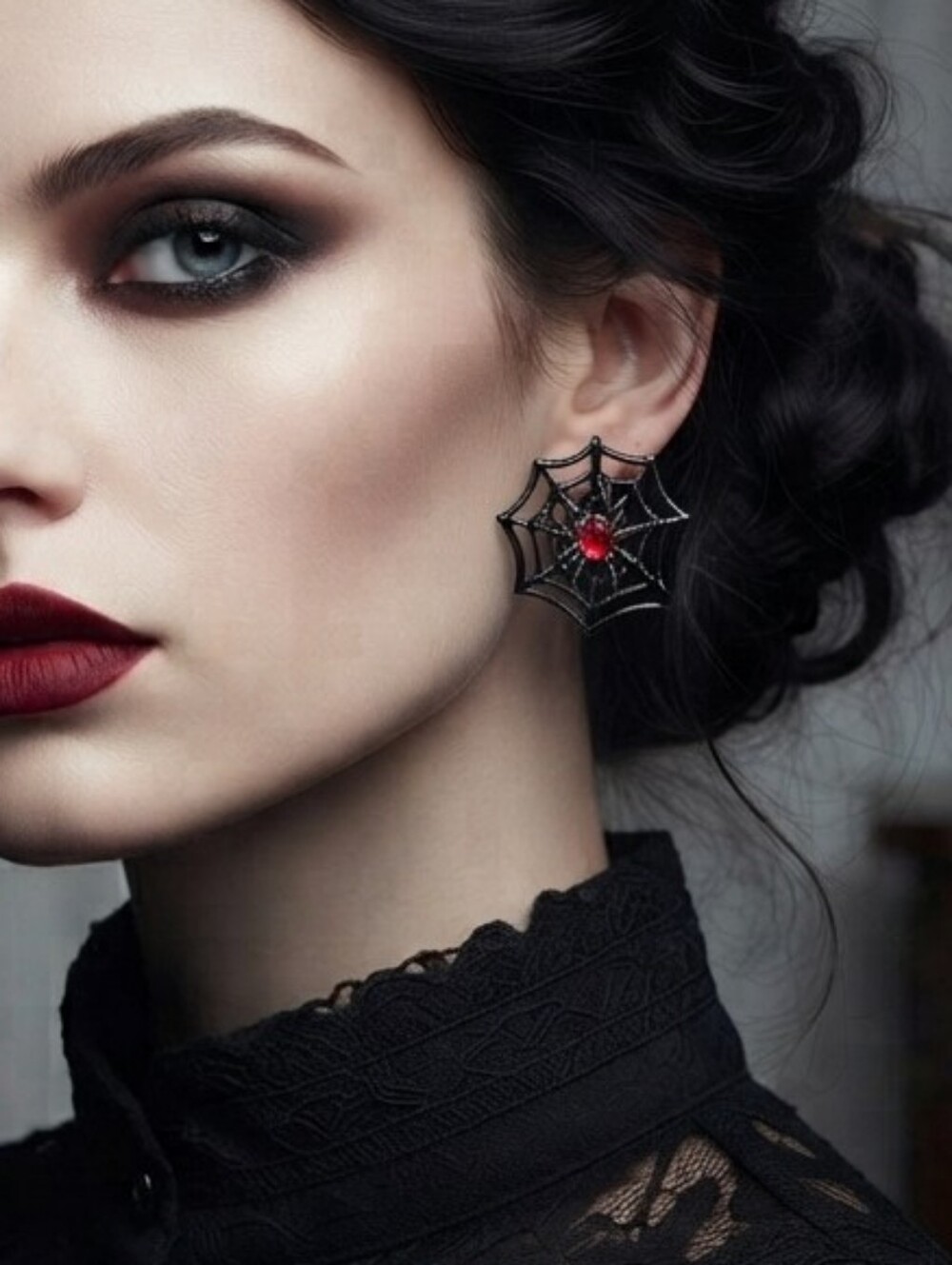 Gorgeous Retro Gothic Spider Web Stud Earrings with Ruby Color Decor Faux Fashio